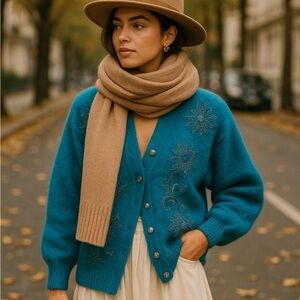 Rare Vintage Angora Embroidered Beaded NWT Dead-stock Turquoise Cardigan M